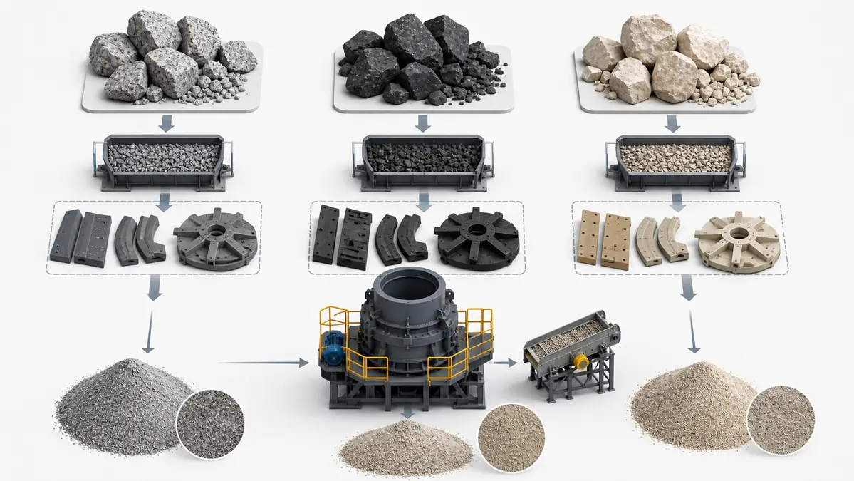 Rock type matching for VSI sand making machine selection with granite basalt and limestone samples