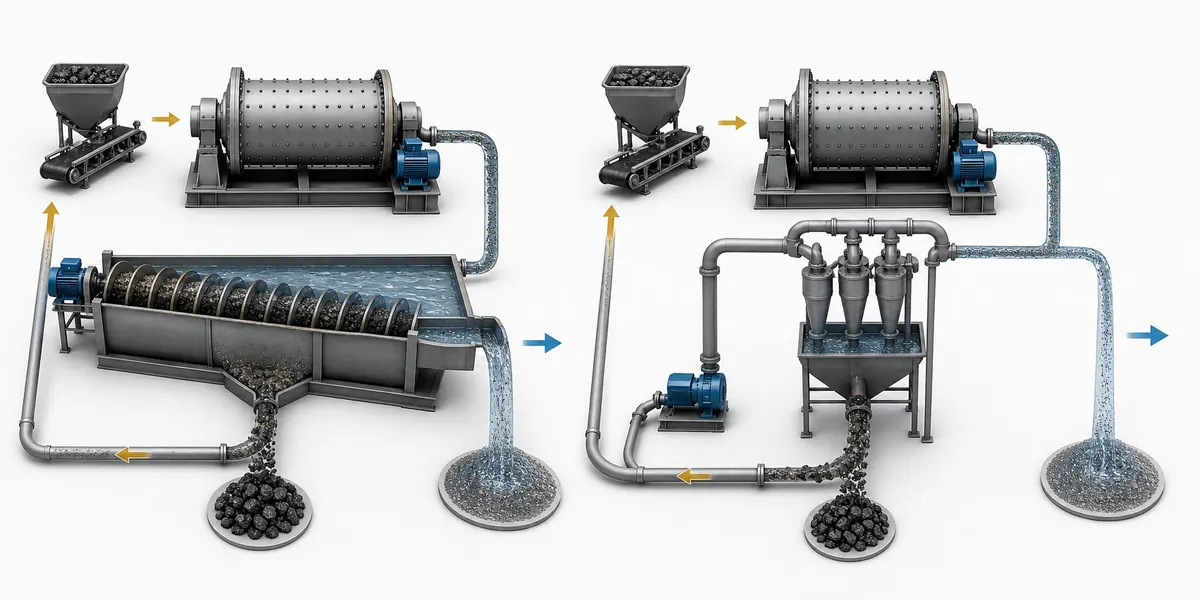 Gold ore crushing and grinding process flow with feeder crusher screen ball mill hydrocyclone and beneficiation tanks