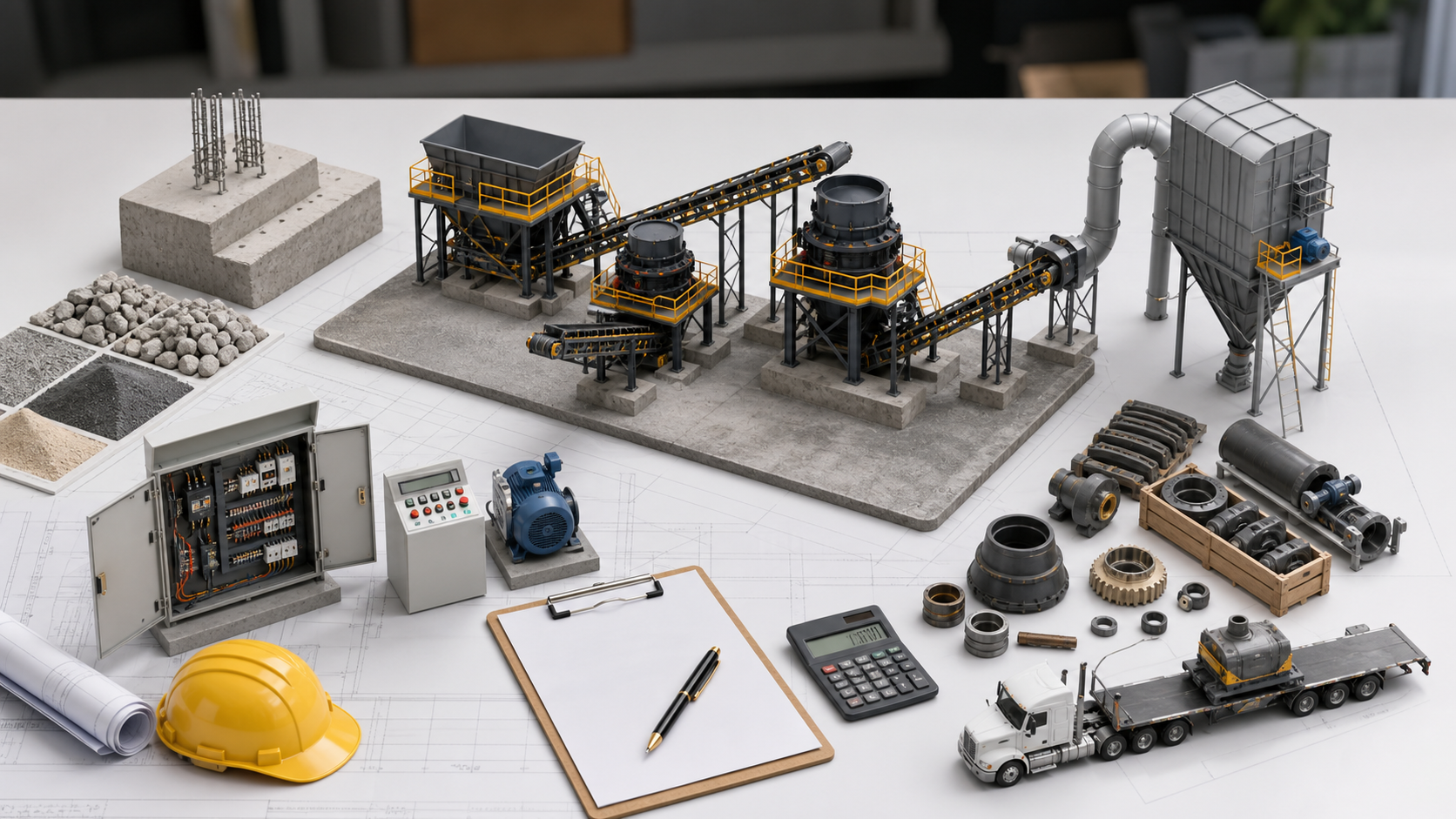 Stone crusher plant cost factors including equipment foundation electrical control conveyors dust control spare parts and transport