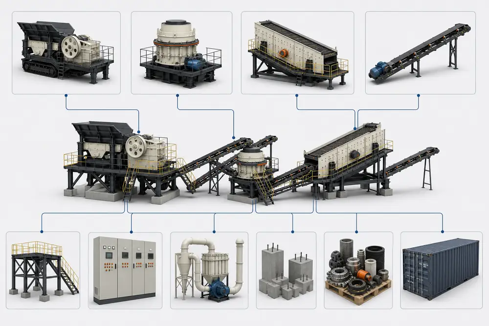 Stone crusher plant cost factors including crushers screens conveyors steel structure electrical dust control foundations spare parts and shipping