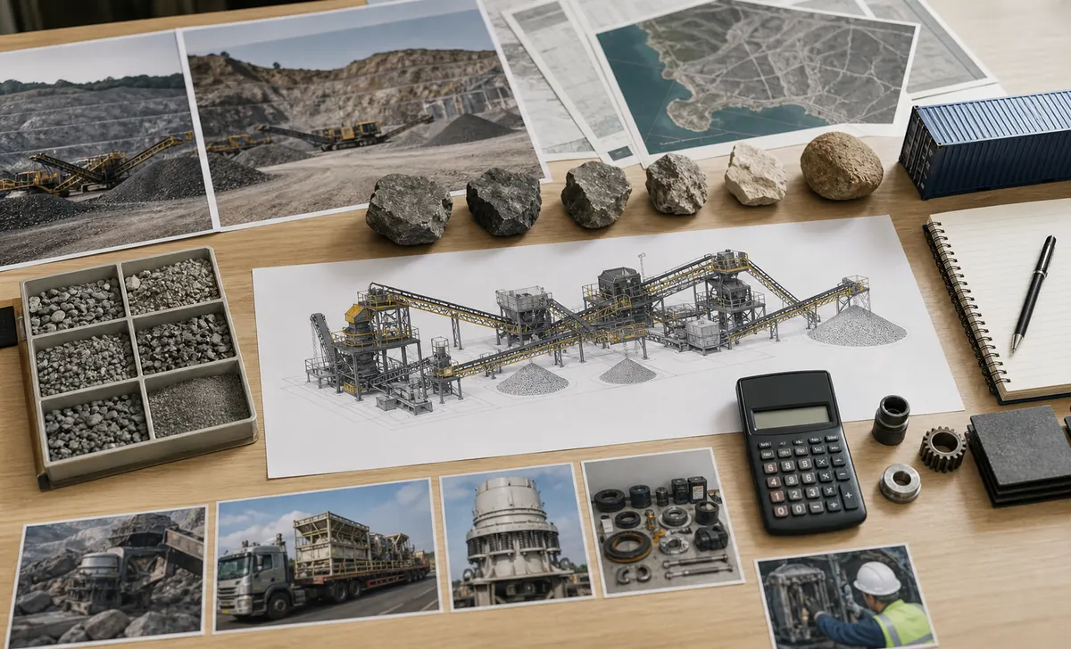 Buyer planning materials for Indonesia stone crusher plant quotation with rock samples site photos aggregate trays shipping and layout