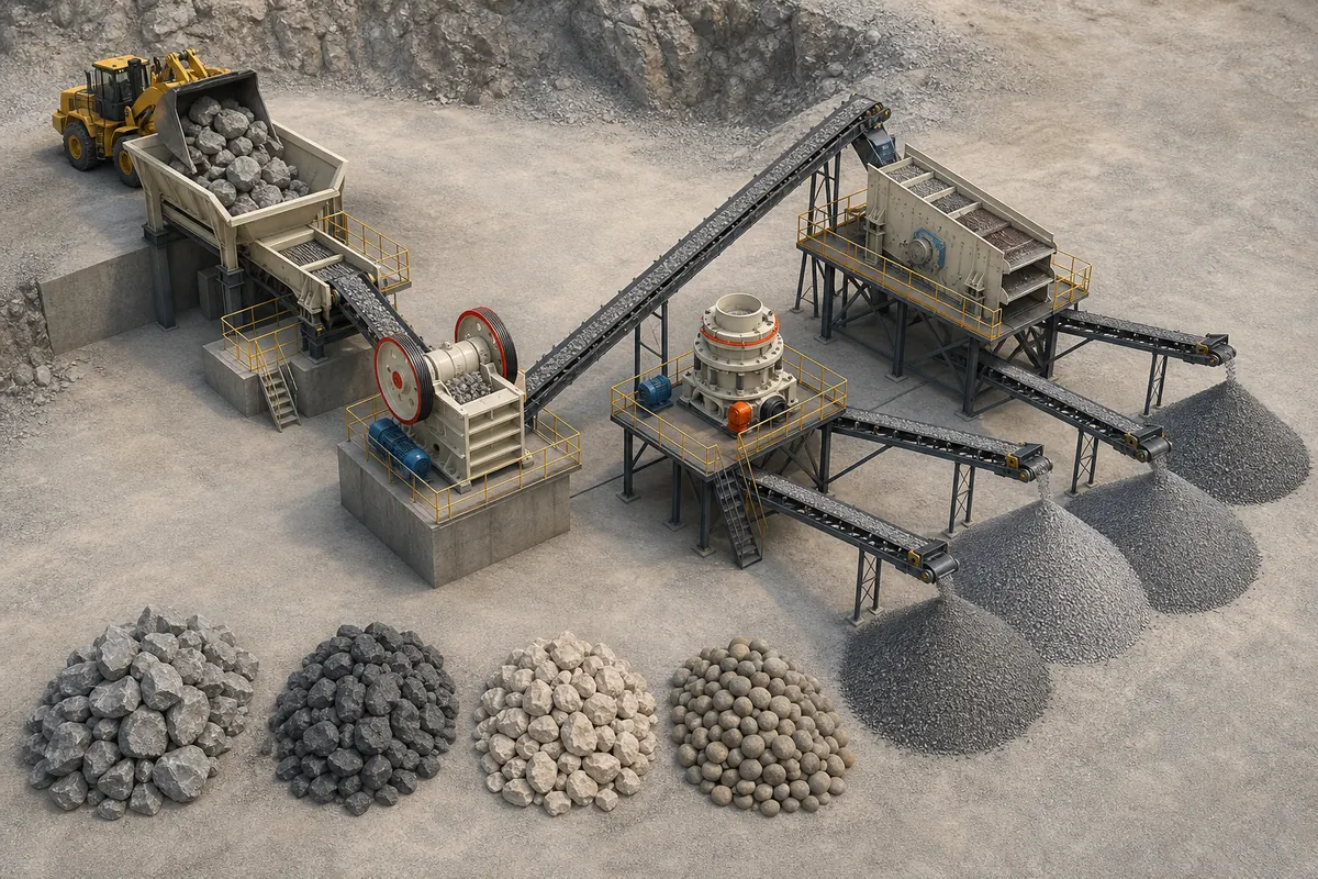 Stone crusher plant configuration with feeder jaw crusher secondary crusher screen conveyors and stockpiles