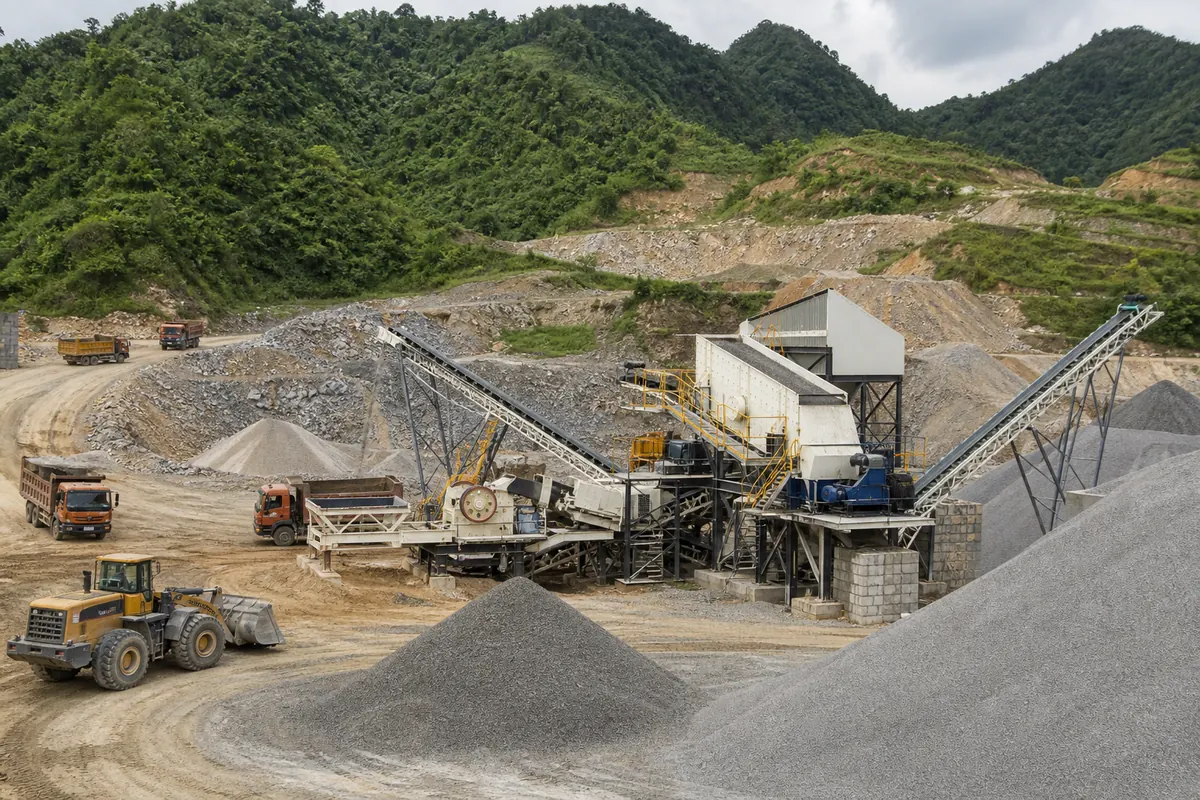Stone crusher plant for Indonesia quarry and road aggregate project with crushers screens conveyors and stockpiles