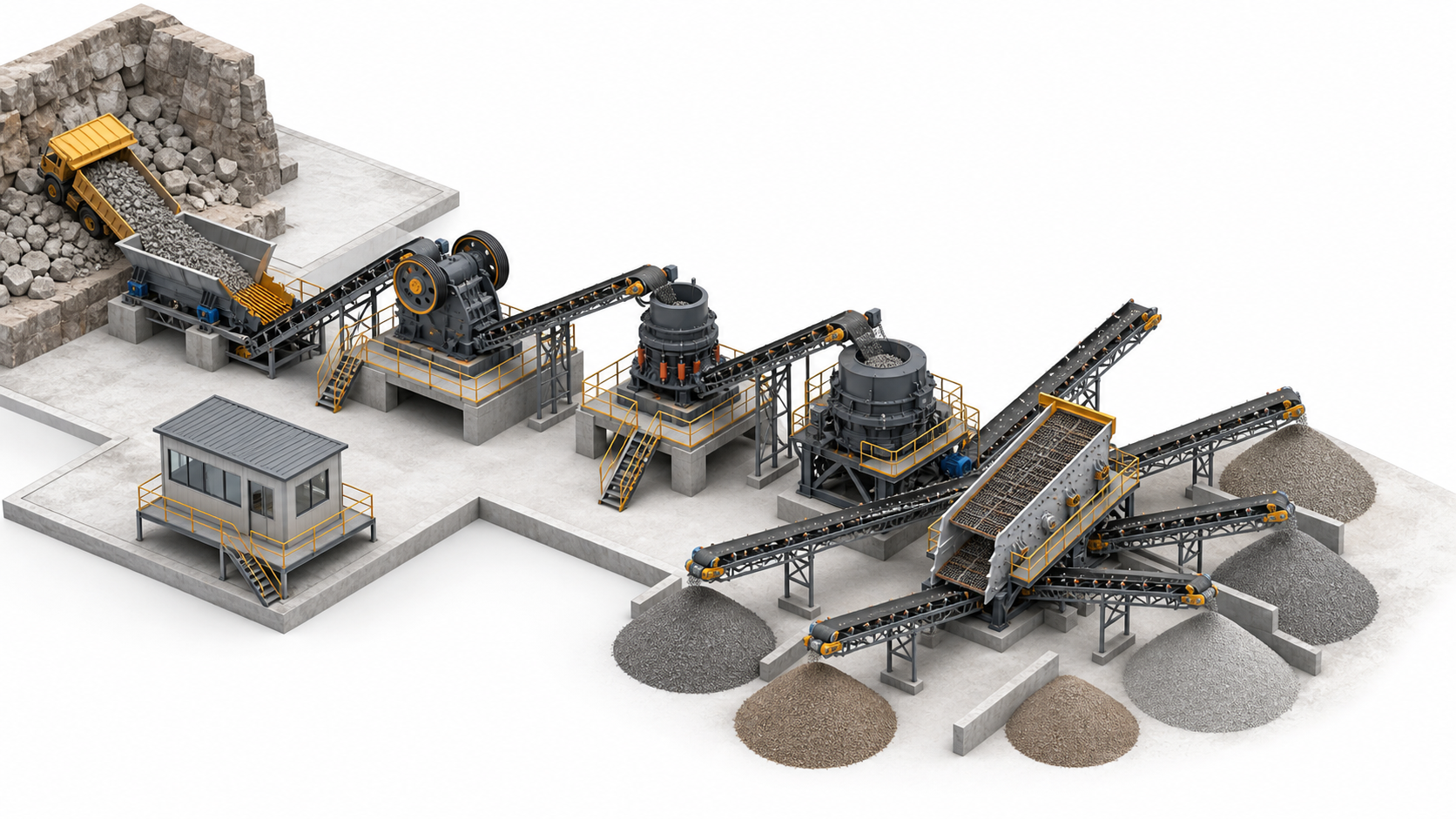 Isometric stone crusher plant layout with feeder jaw crusher cone crusher VSI crusher screen conveyors and stockpiles