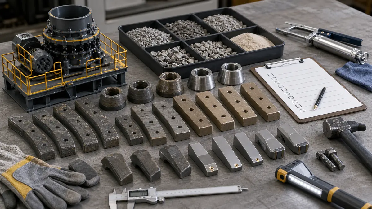 VSI crusher maintenance planning with worn and new parts inspection tools and aggregate samples