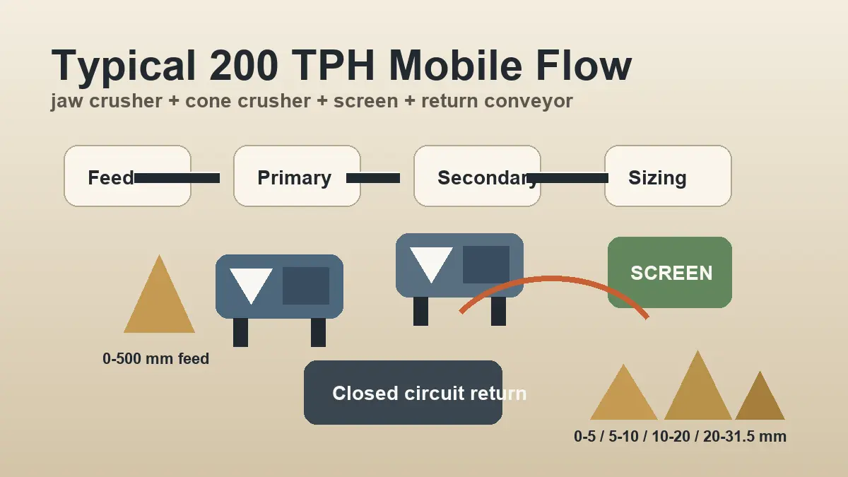 200 TPH mobile crusher plant flow sheet for road aggregates with feeder jaw crusher cone crusher screen return conveyor and stockpiles