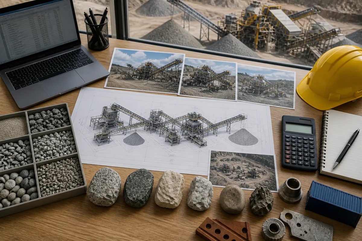 Australia quarry crusher quotation planning desk with rock samples aggregate sizes site photos equipment layout and spare parts
