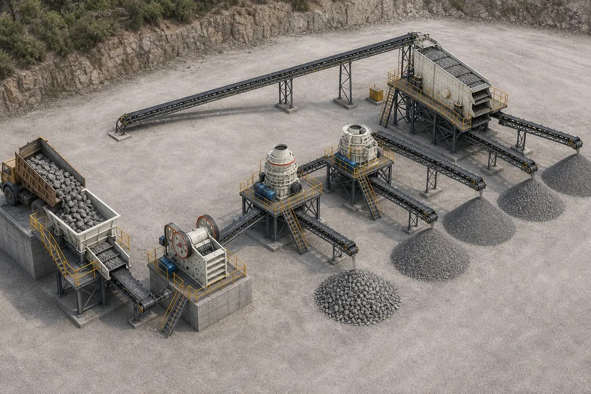 Australia hard rock aggregate crushing plant configuration with jaw crusher cone crusher VSI screen conveyors and graded stockpiles