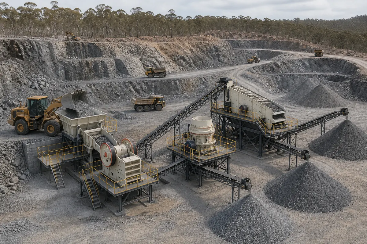 Australia aggregate crushing plant in hard rock quarry with jaw crusher cone crusher screen conveyors loader trucks and stockpiles