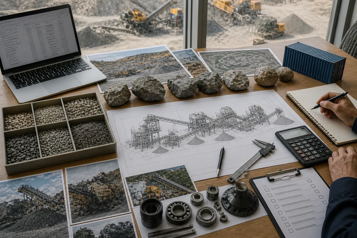 Buyer planning desk with rock samples aggregate trays crusher plant layout calculator and site photos for crushing plant quotation