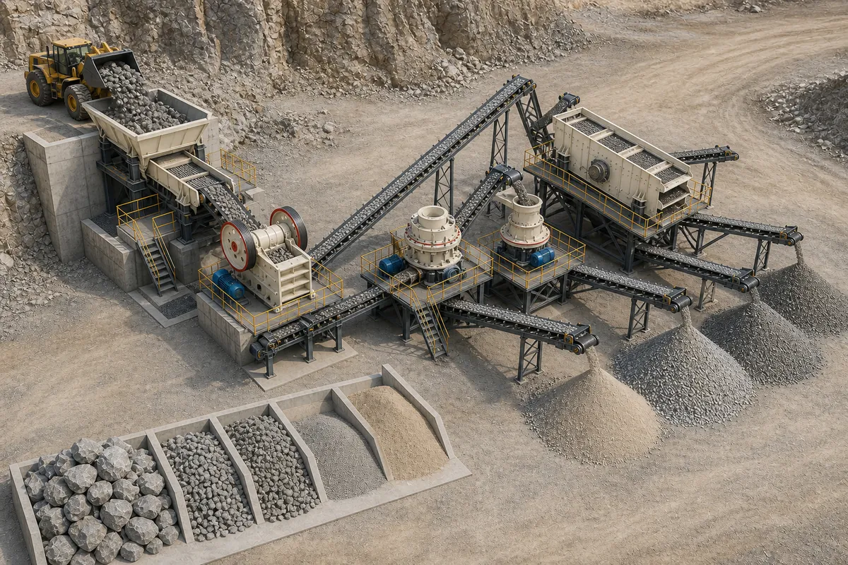 Aggregate crushing plant design layout with feeder jaw crusher cone crusher VSI screen conveyors return circuit and graded stockpiles