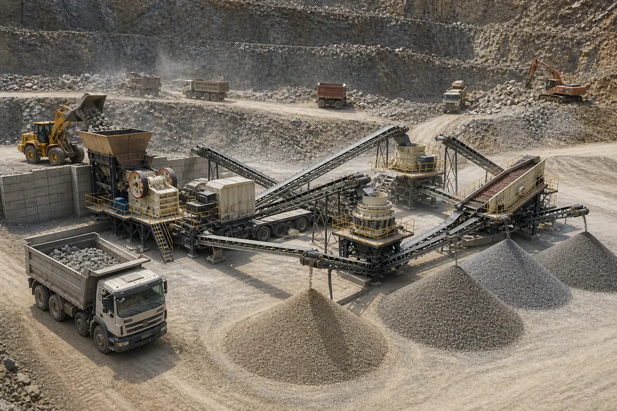 Aggregate crushing plant with jaw crusher cone crusher vibrating screen conveyors and stockpiles for 0-5mm 5-10mm and 10-20mm products