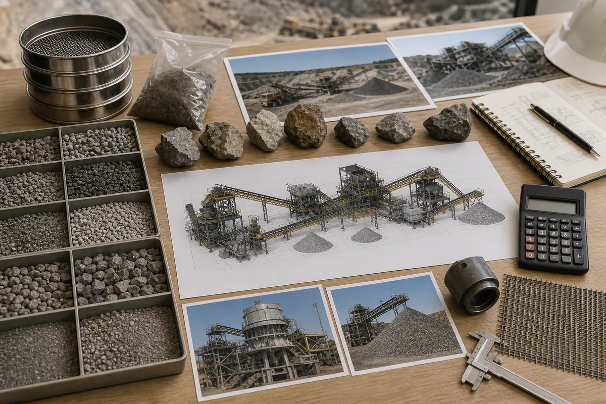 Aggregate quality buyer checklist with graded stone samples sieve stack layout drawings equipment photos calculator caliper and screen mesh