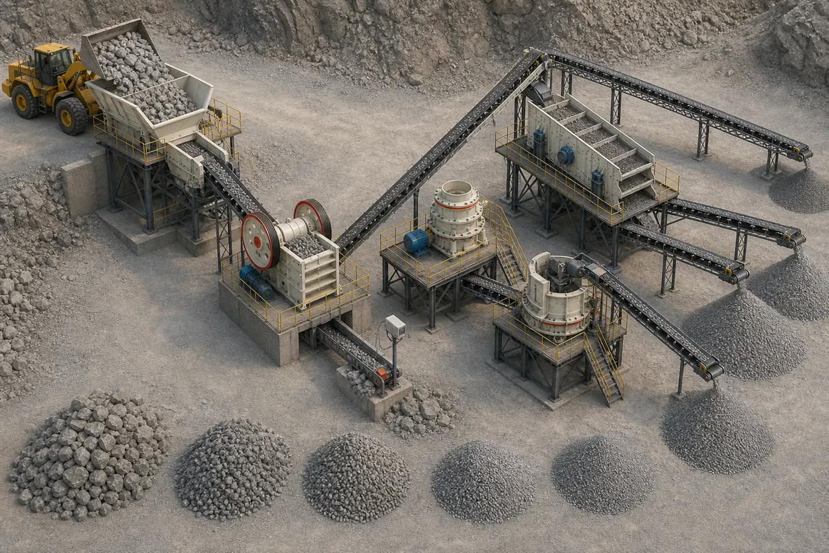 Aggregate crushing plant configuration with feeder jaw crusher cone crusher VSI screen conveyors sampling point and separated stockpiles