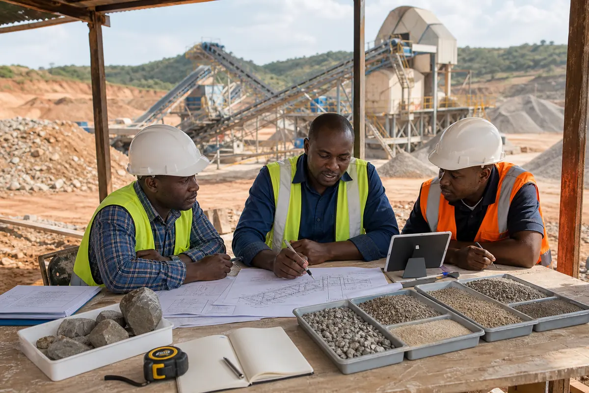Kenya quarry buyer checklist scene with rock samples gradation trays site drawings notebooks procurement team and crusher plant background