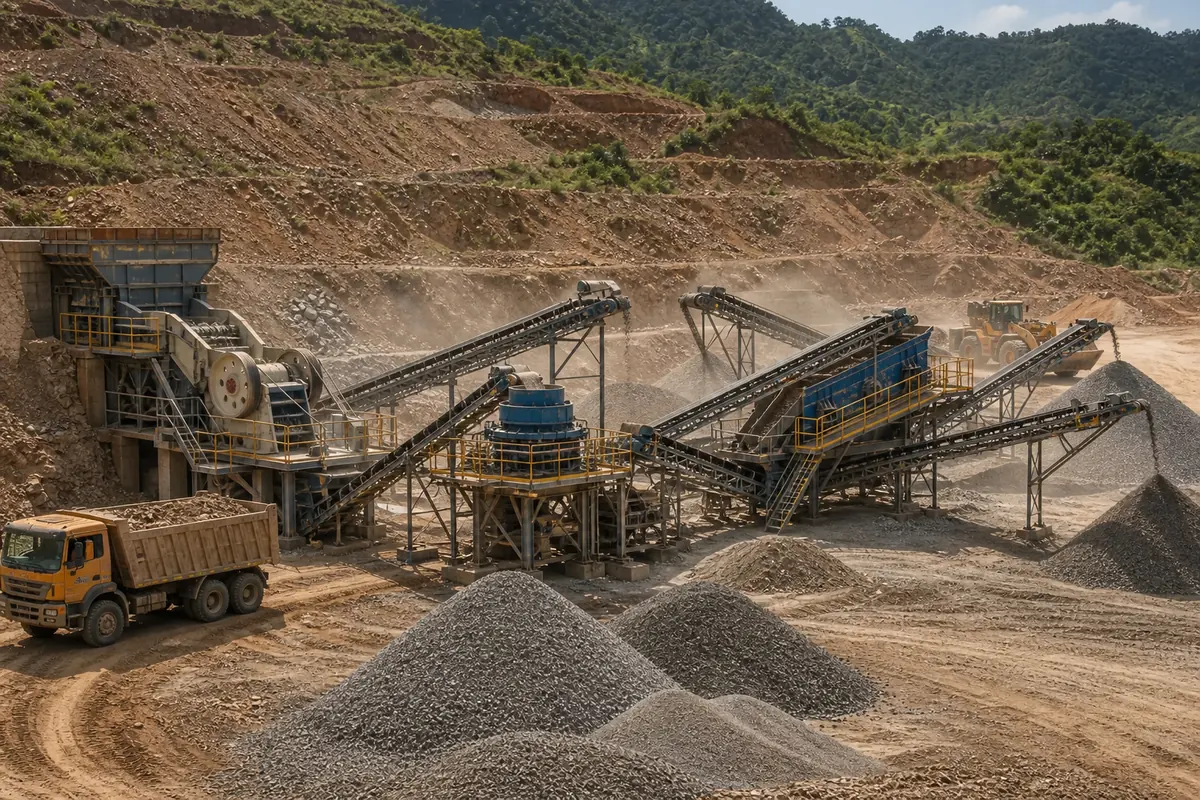 Kenya crusher plant configuration showing feeder jaw crusher cone crusher screen conveyors stockpiles and road aggregate loading area