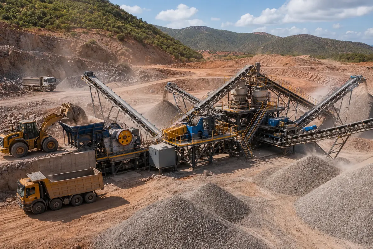 Crusher plant in Kenya quarry with jaw crusher cone crusher screens conveyors wheel loader and aggregate stockpiles