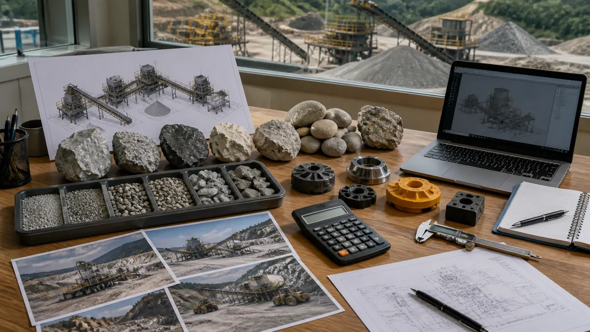 Crusher buyer checklist with rock samples aggregate trays plant drawings calculator spare wear parts and quarry photos
