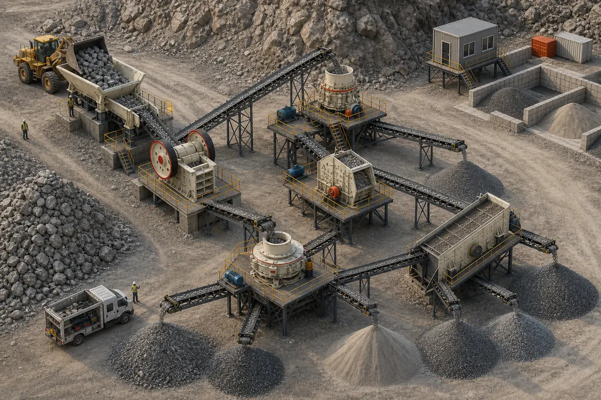Crusher selection configuration with feeder jaw cone impact VSI screen conveyors service truck and graded stockpiles