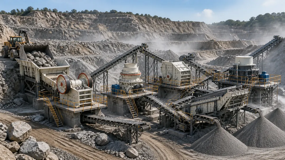 Quarry crushing plant showing jaw cone impact and VSI crusher stations with conveyors screens and aggregate stockpiles