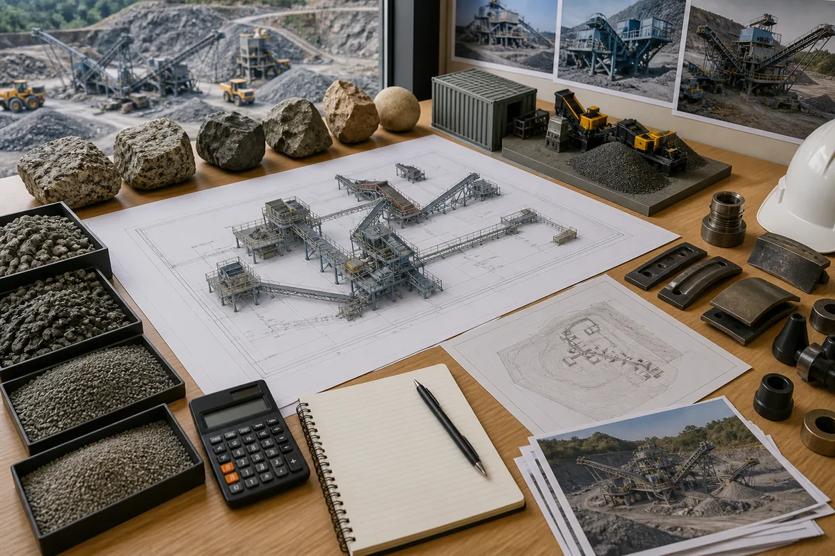 Buyer checklist for crushing plant flow sheet quotation with rock samples aggregate trays layout drawing calculator spare parts site photos and shipping plan