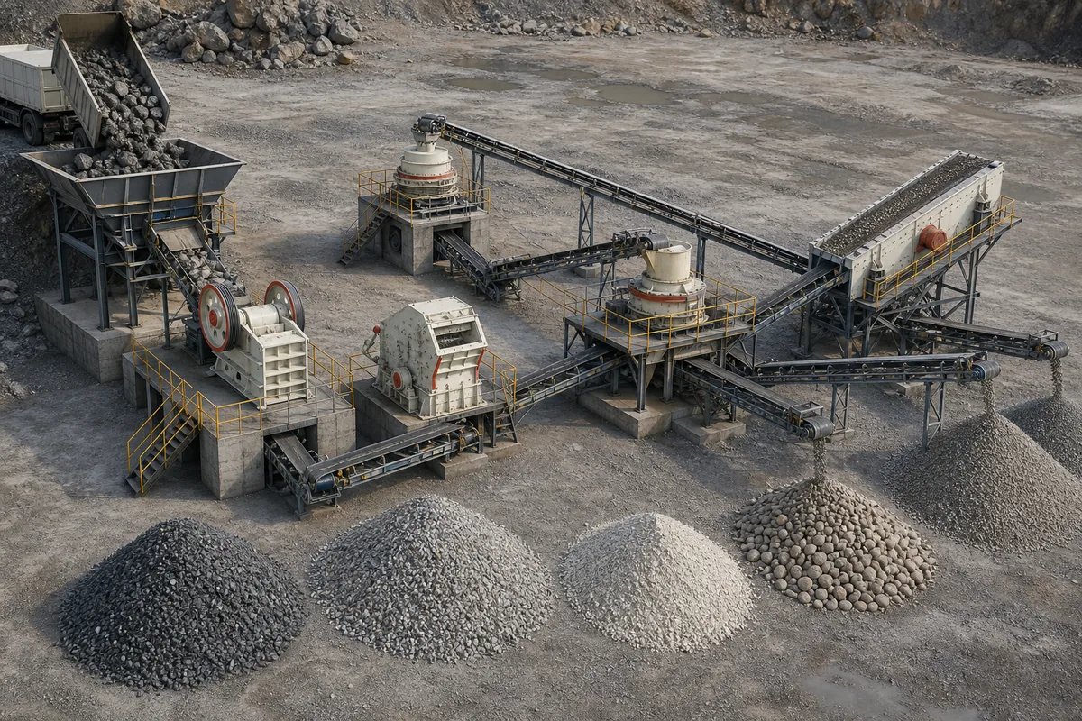 Industrial crushing plant flow sheet with feed hopper jaw crusher cone impact VSI screen conveyors and four aggregate stockpiles