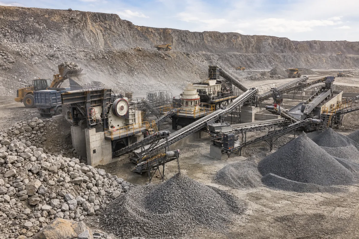 Complete quarry crushing plant flow sheet with jaw crusher cone crusher impact crusher VSI screen conveyors and aggregate stockpiles