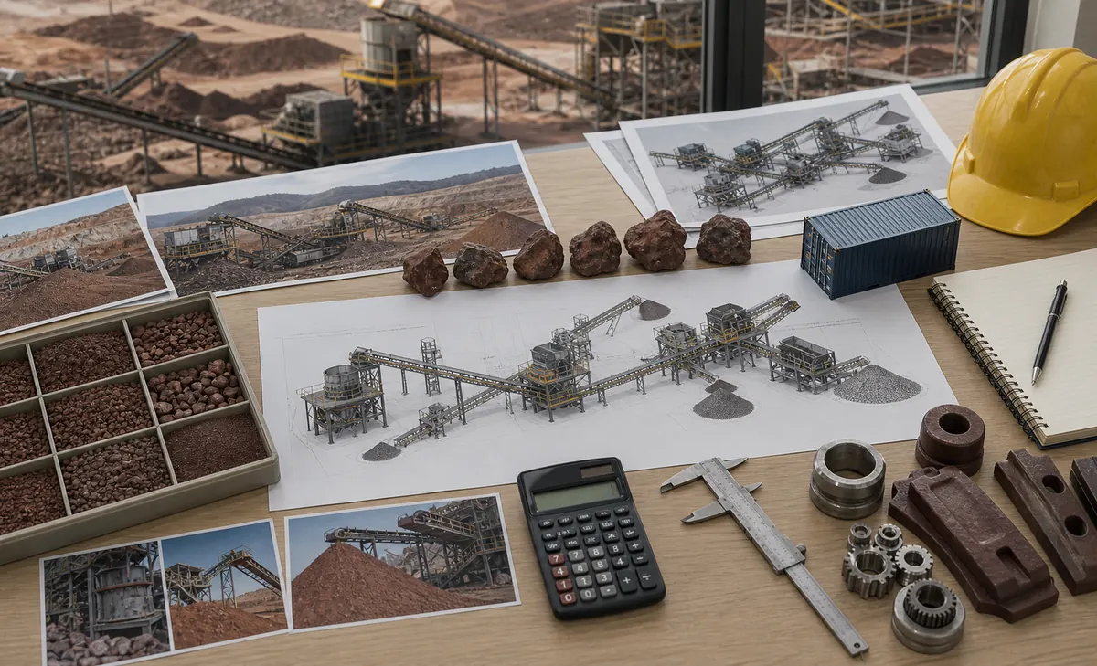 Iron ore crushing plant quotation planning with ore samples site photos layout drawings calculator shipping and wear parts