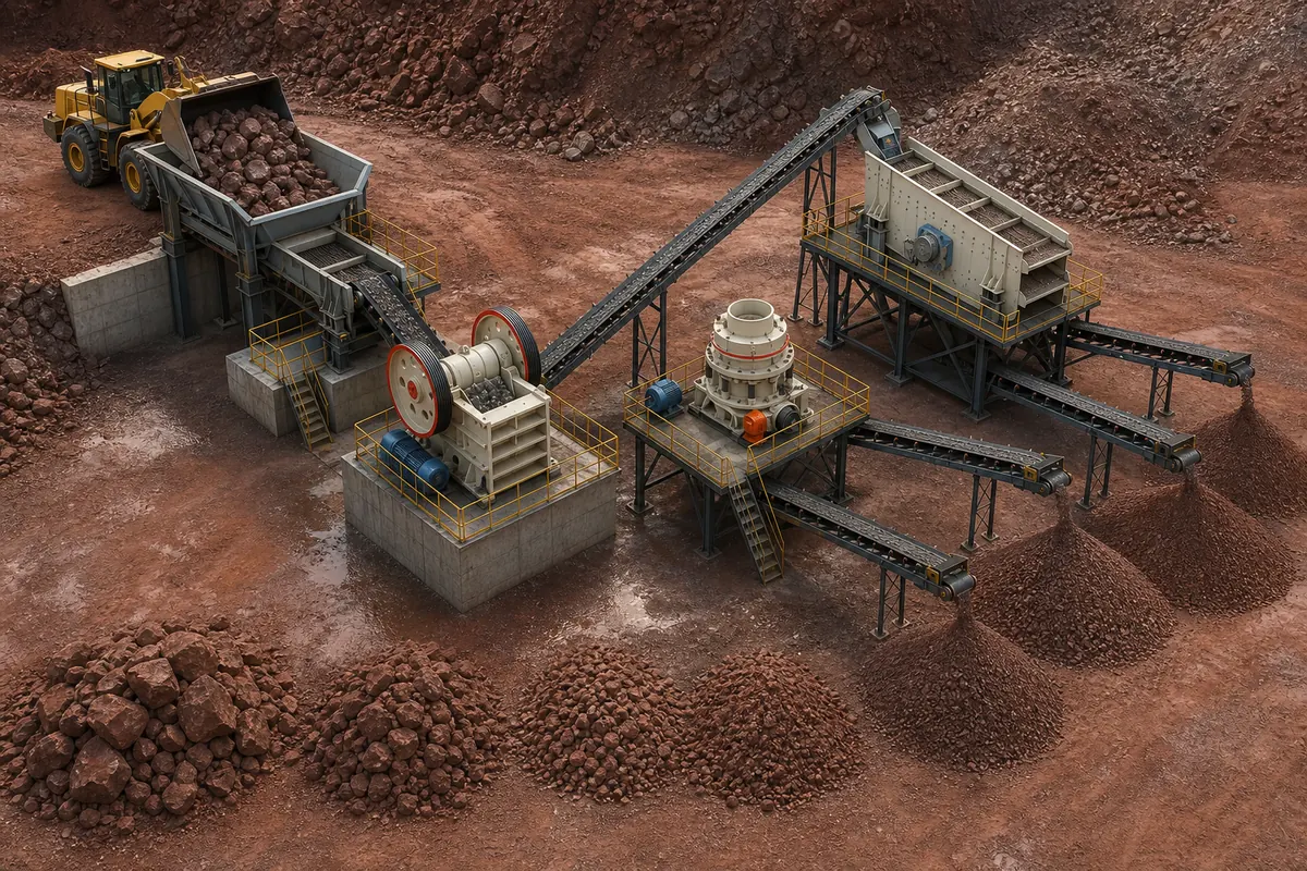 Iron ore crushing plant configuration with feeder jaw crusher cone crusher vibrating screen conveyors and graded ore piles