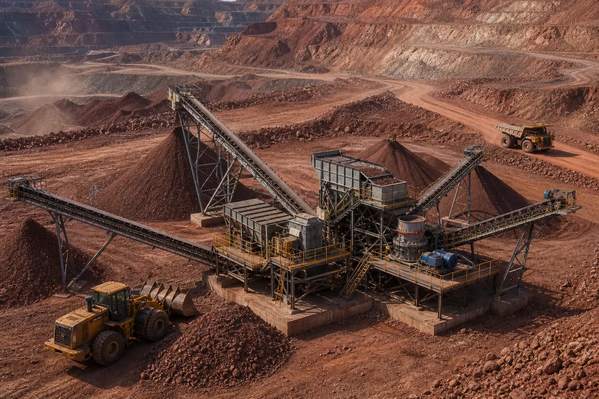 Iron ore crushing plant with jaw crusher cone crusher conveyors screen haul truck and red ore stockpiles