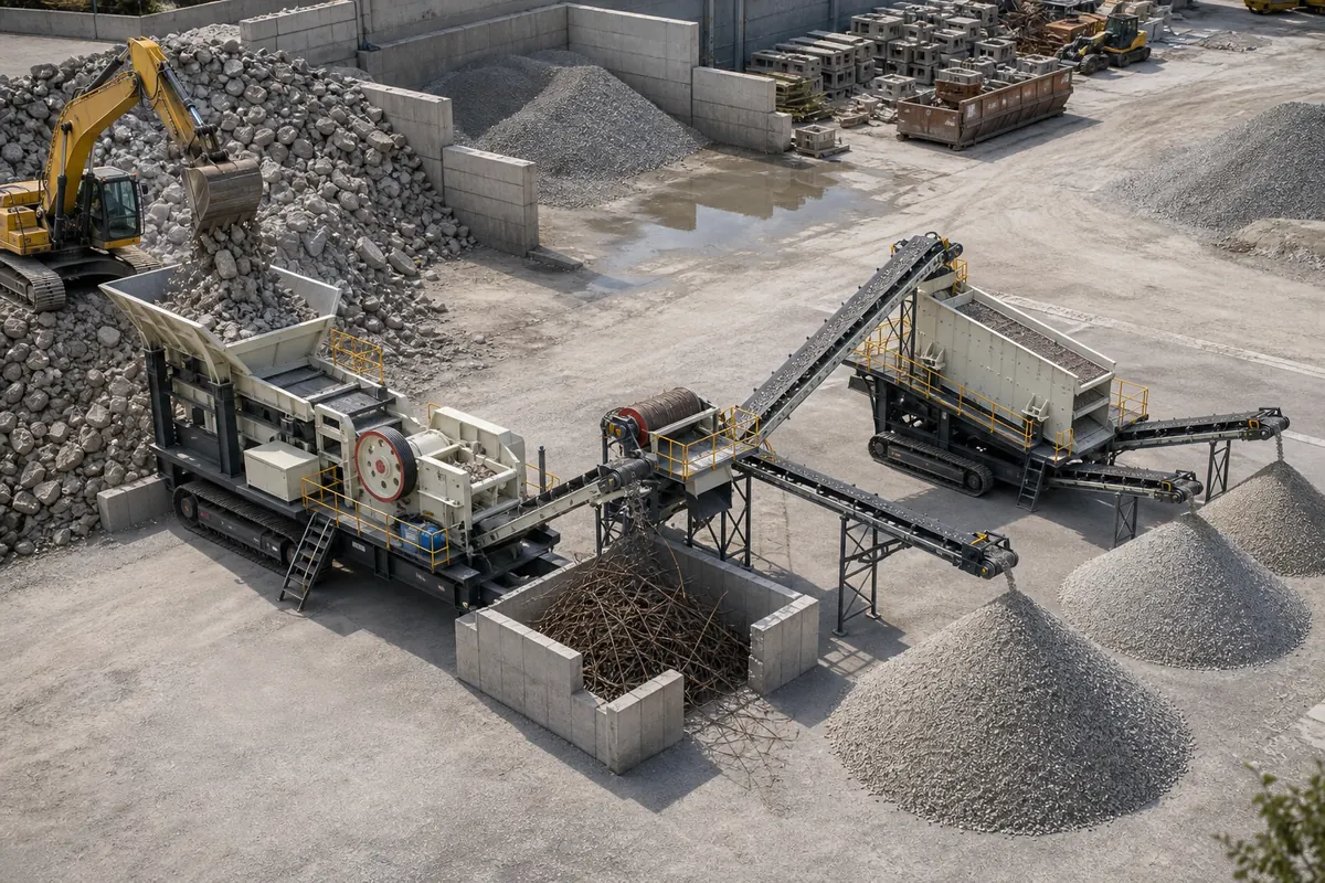 Concrete recycling mobile crushing and screening configuration with crusher magnet screen conveyors rebar and recycled aggregate stockpiles