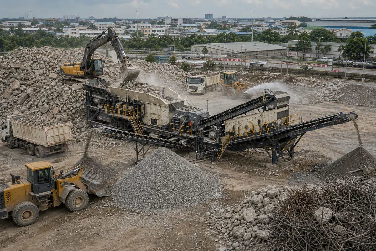 Mobile concrete crusher and screen plant processing demolition waste with conveyors stockpiles rebar and loaders