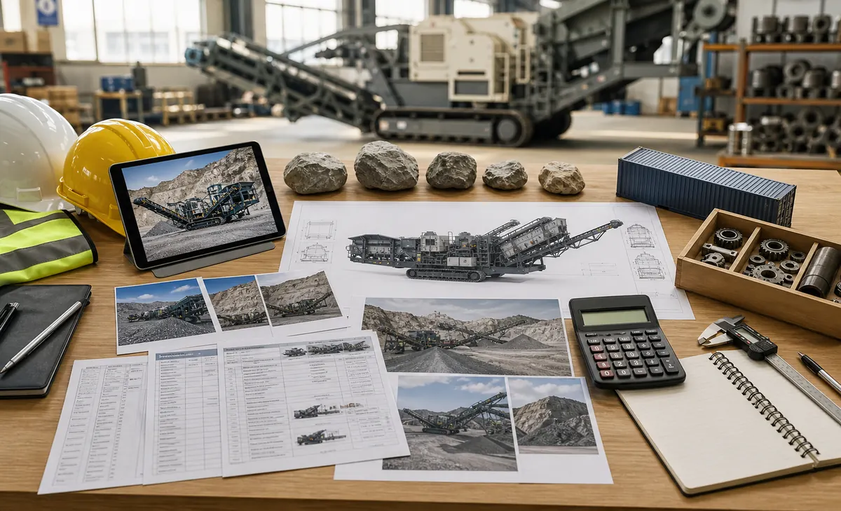 Mobile crusher procurement checklist with quarry photos rock samples equipment drawings quotation papers spare parts and shipping model