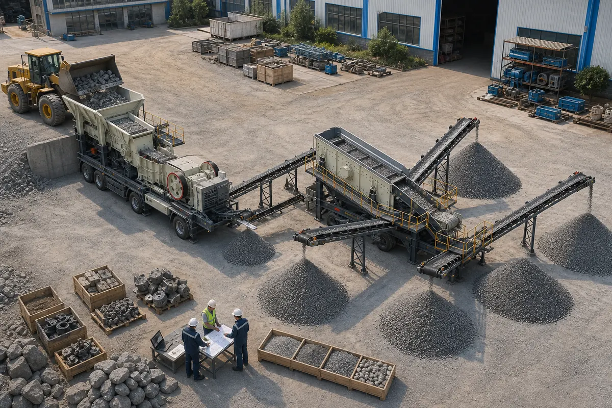 Mobile crusher configuration inspection with feeder crusher screen conveyors stockpiles and spare parts