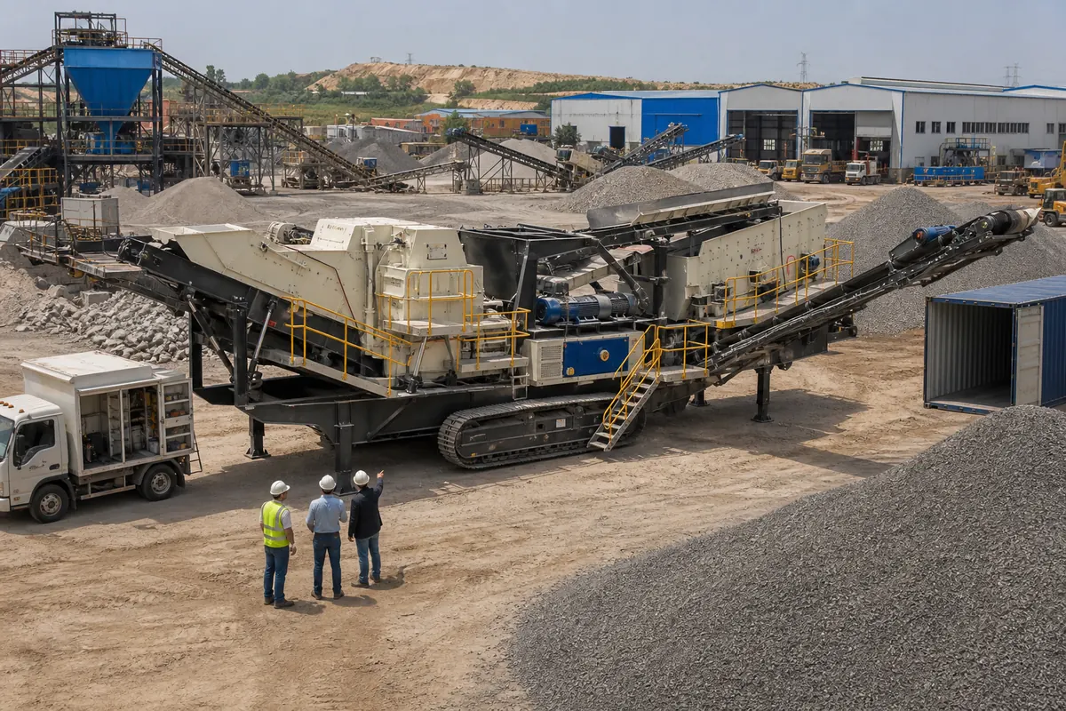 Buyers inspecting a Chinese mobile crusher plant before export with quarry stockpiles and shipping container