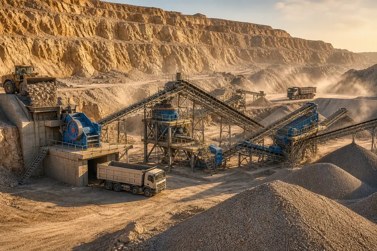 Mobile crushing plant for Oman limestone quarry projects with jaw crusher screen conveyors loader and aggregate stockpiles