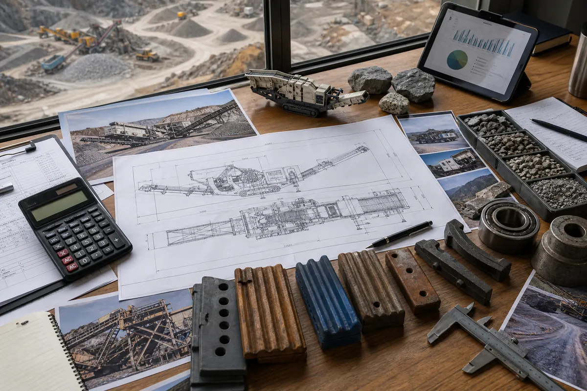 Buyer checklist desk for mobile crusher operating cost with quarry photos layout drawing rock samples calculator and wear parts