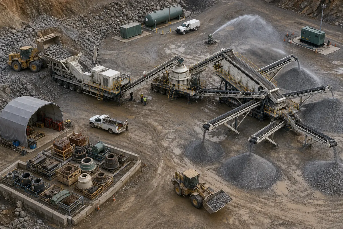 Mobile crusher operating cost layout with fuel tank generator dust control service area wear parts conveyors and stockpiles