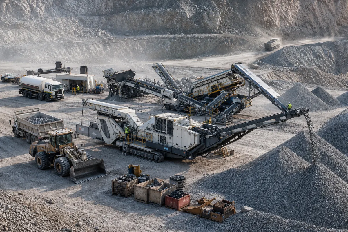 Mobile crusher plant operating in quarry with conveyors loader trucks stockpiles fuel service area and wear parts cost drivers