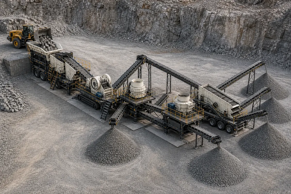 Mobile crusher plant granite configuration with jaw crusher cone crusher VSI screen conveyors and aggregate stockpiles