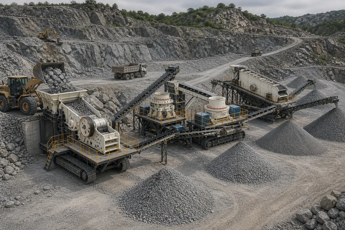 Mobile crusher plant for granite quarry with jaw crusher cone crusher VSI screen conveyors and aggregate stockpiles