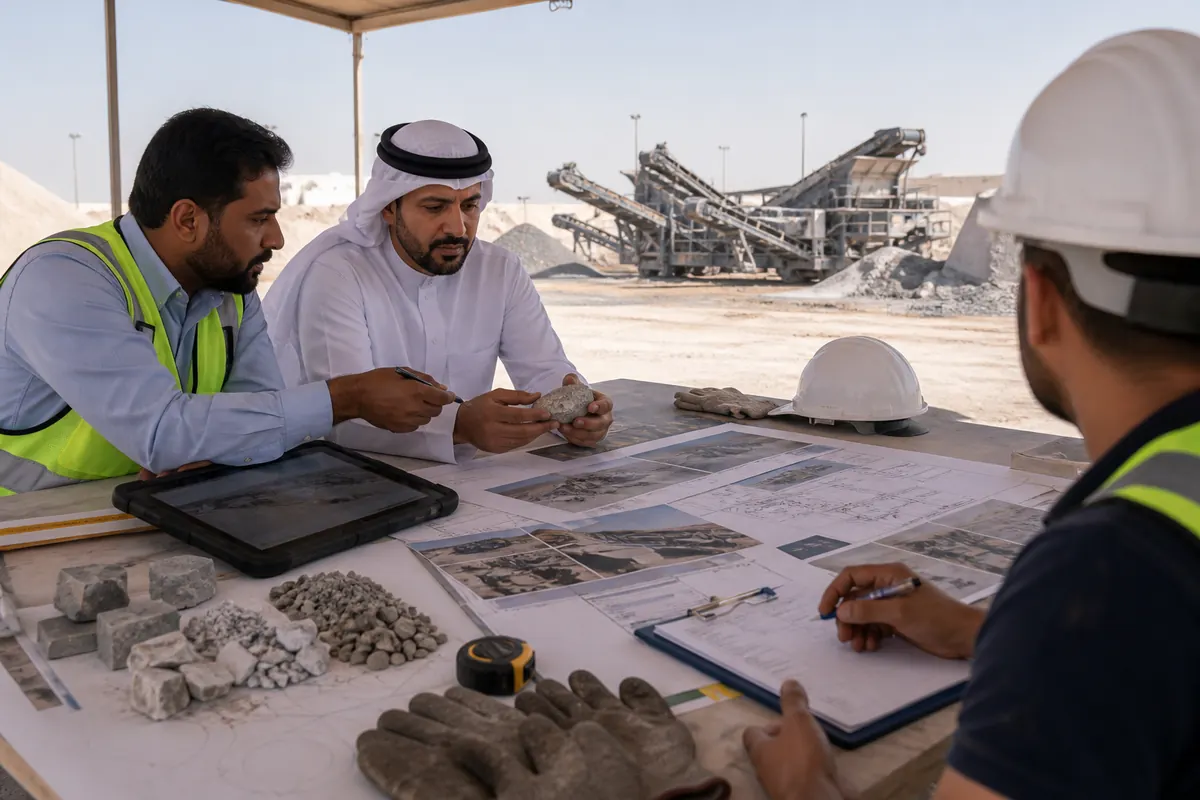 UAE crusher quotation planning table with recycled concrete samples site photos layout drawings tablet clipboard and mobile plant in background