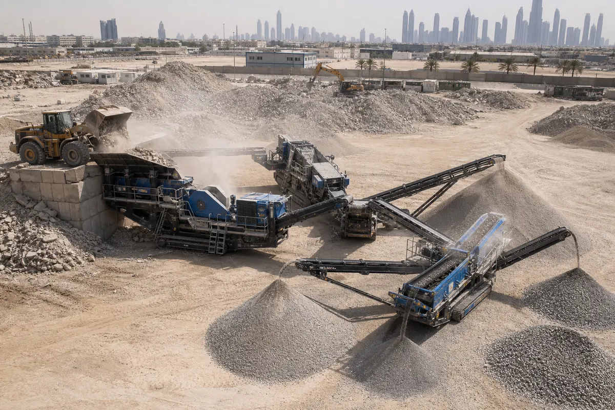 Mobile crusher configuration for UAE recycling yard with jaw crusher magnetic separator screen conveyors and recycled aggregate stockpiles