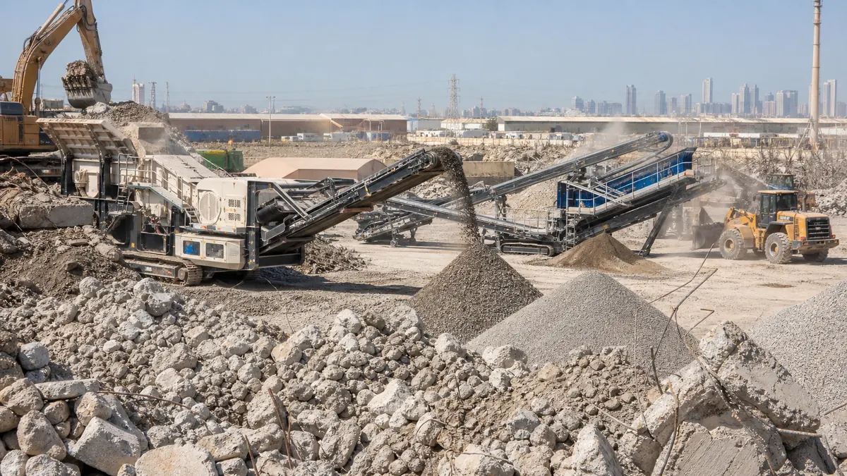 Mobile crusher for UAE construction waste and aggregate recycling with crusher screen stockpiles and loader in a recycling yard