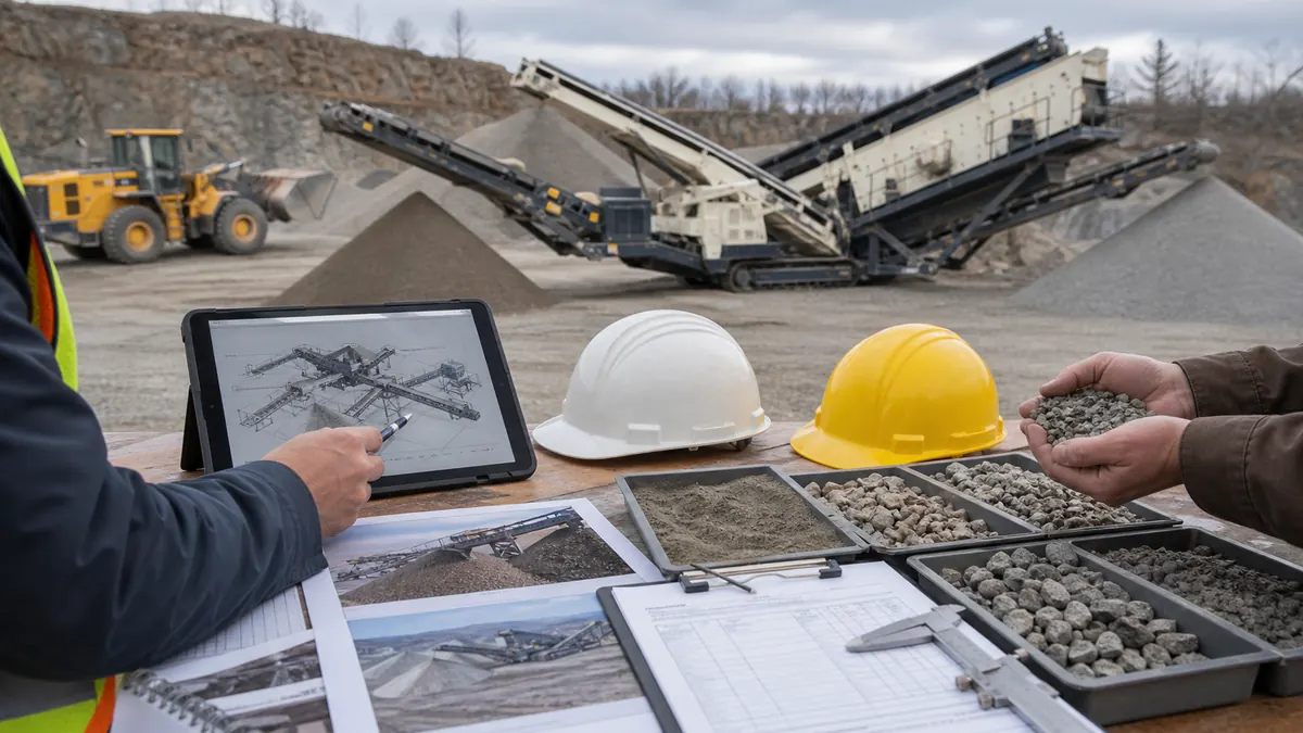 Buyer reviewing aggregate samples and mobile screen plant layout before requesting a quotation