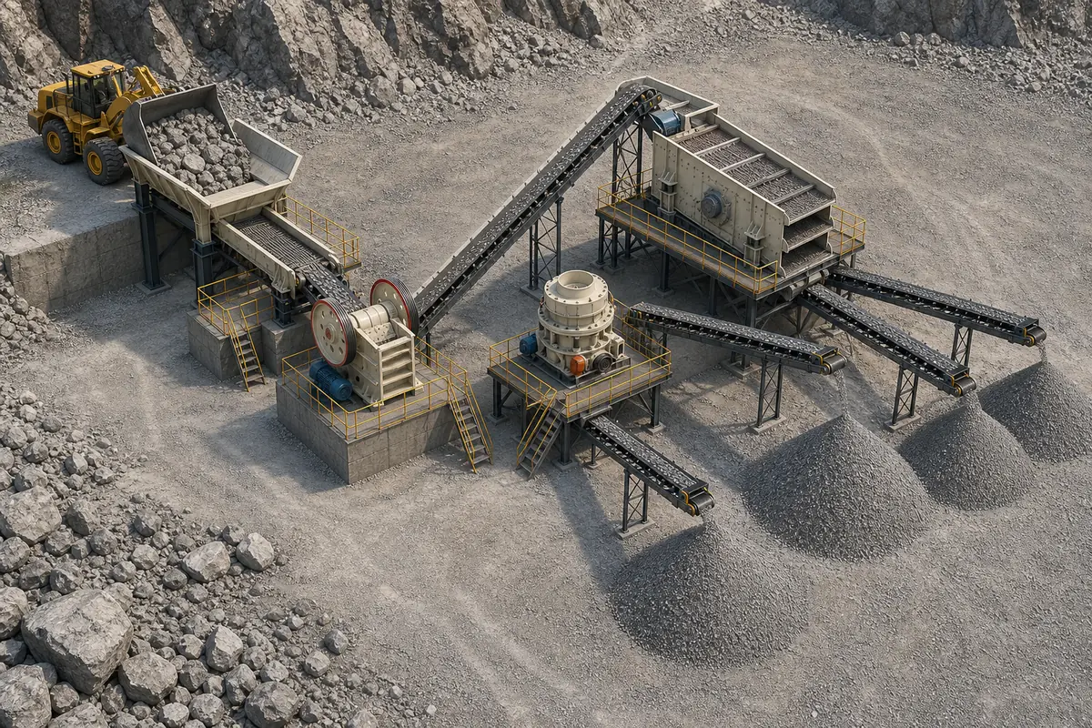Quarry plant configuration showing feeder jaw crusher cone crusher screen conveyors and graded stockpiles