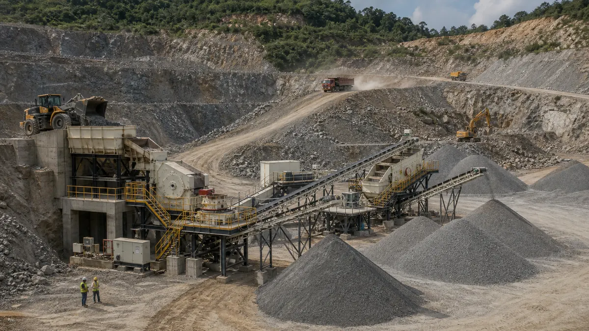 Quarry crushing equipment chain with feeder crushers screen conveyors and aggregate stockpiles