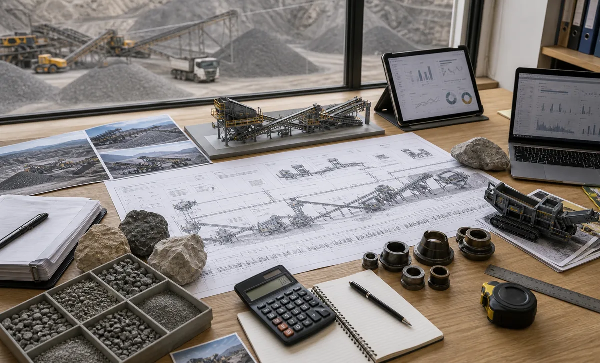 Buyer planning materials for stationary vs mobile stone crusher plant ROI with rock samples layout drawings calculator and quarry photos