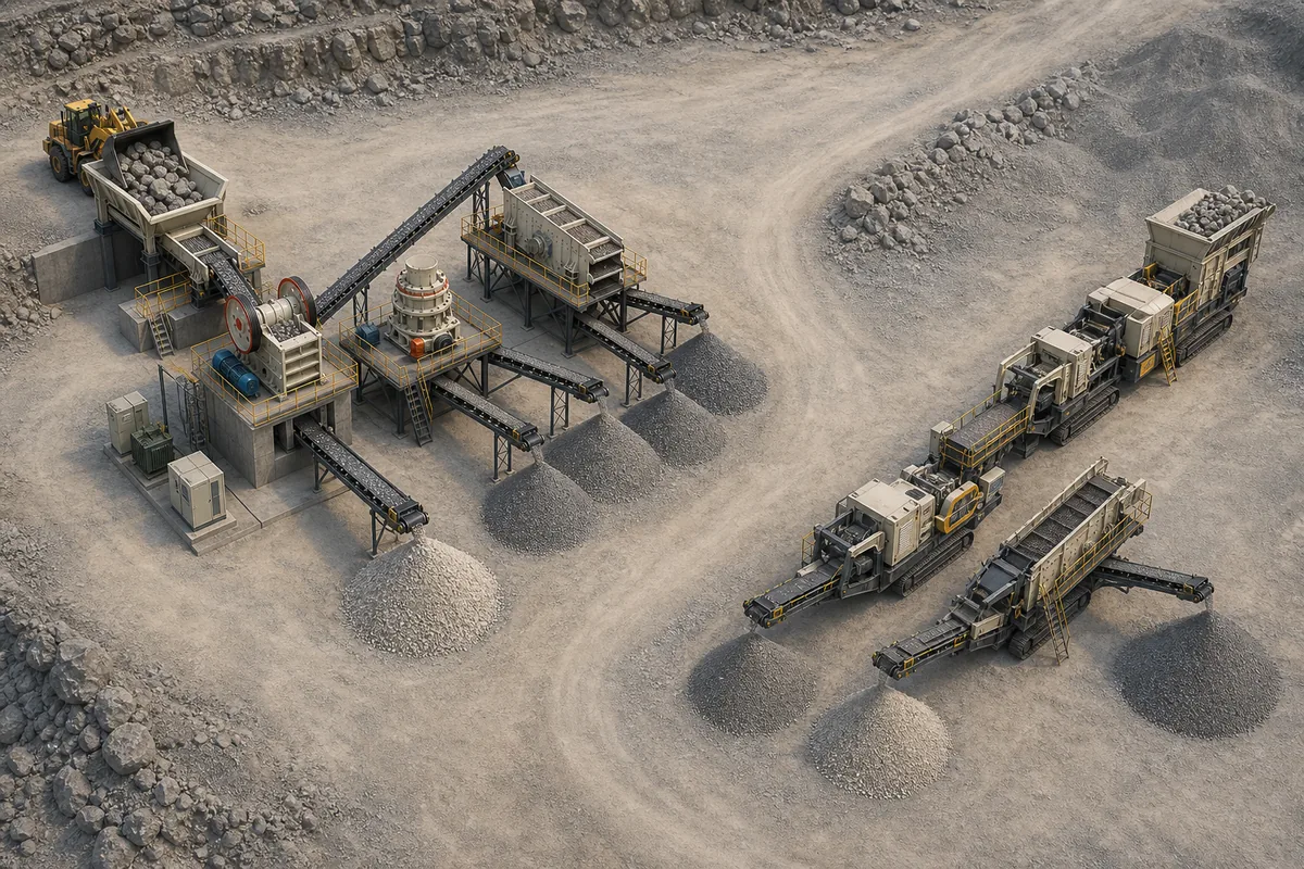 Stationary and mobile crusher plant configurations with feeders crushers screens conveyors and aggregate stockpiles