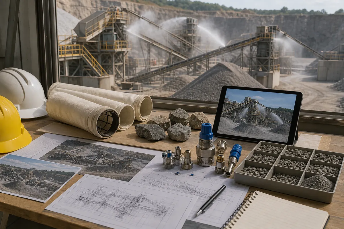 Stone crusher plant dust-control buyer checklist with rock samples site photos spray nozzles filter bags layout drawings and quarry view